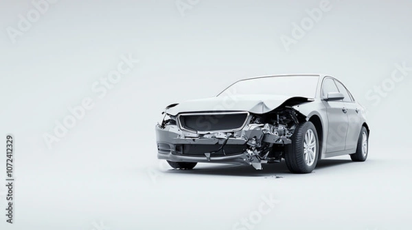 Fototapeta Front View of a Damaged Car with Detached Bumper on Minimalist Background