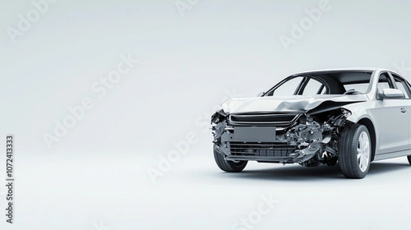 Fototapeta Front View of a Damaged Car with Detached Bumper on Minimalist Background