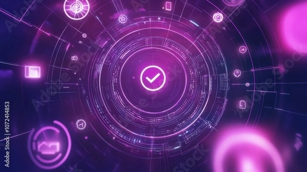 Fototapeta Digital retargeting concept with central email icon and surrounding technology symbols in a circular network, representing targeted marketing, communication, and internet connectivity