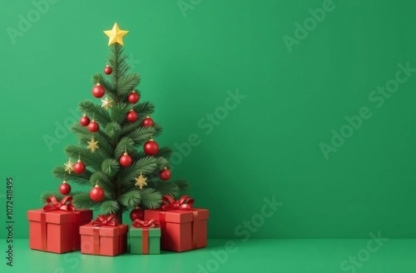 Obraz New Year's decor in a photo studio in gray and white colors. A snow-white tree, gifts and lanterns, defocus. sofa and snow. Location for a photo shoot. Christmas