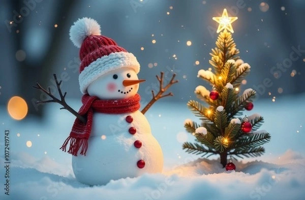 Obraz happy snowman in a Santa Claus hat and a green scarf is isolated on a white background