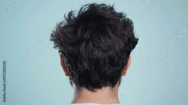 Fototapeta Man showing messy hair from behind on blue background