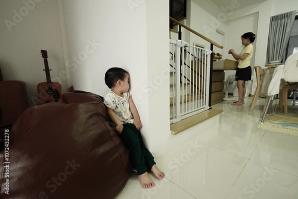 Obraz Little asian boy playing blindfold