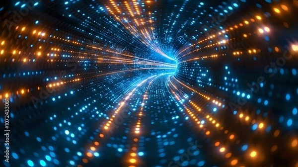 Fototapeta Abstract digital tunnel with glowing blue and orange light streaks creating dynamic motion effect, perfect for technology, innovation, and future concept designs.