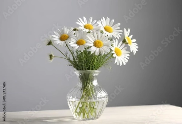 Fototapeta A white vase filled with chamomile flowers sitting on a table with a light background