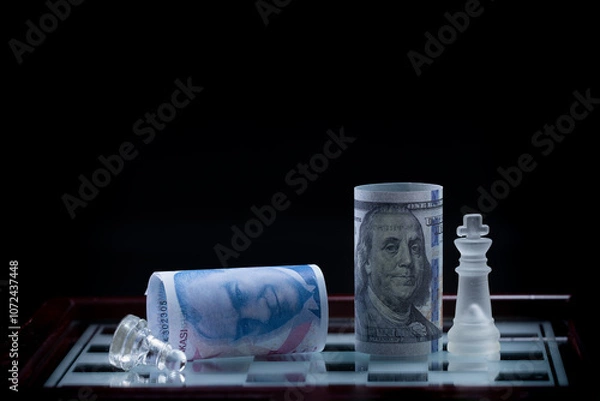 Obraz 100 dollars and 100 Turkish lira , Economic war on the chessboard. Fictional shooting and custom focus adjustable.