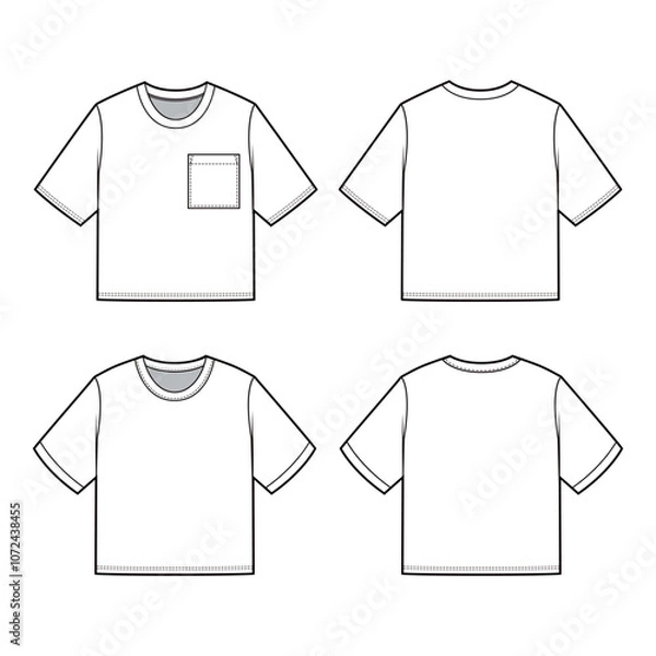 Fototapeta Unisex Cropped T-Shirt Technical Drawing, with and without Chest Pocket, Front and Back View

