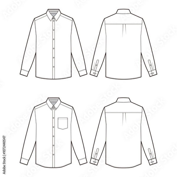 Fototapeta Long-sleeve dress shirt with collar, button-down design in front and back views, vector outline illustration for apparel design.
