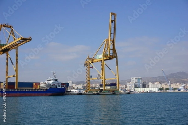 Fototapeta Cranes loading containers at the port of Malaga.......