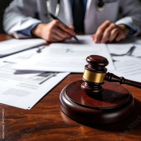 Obraz Closeup of judge gavel of stethoscope doctor in background writing notes