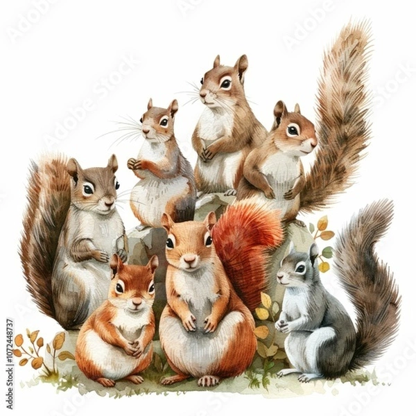 Fototapeta A charming illustration of playful squirrels in a natural setting.