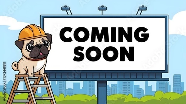 Fototapeta an illustration of a pug dog standing on a billboad coming soon