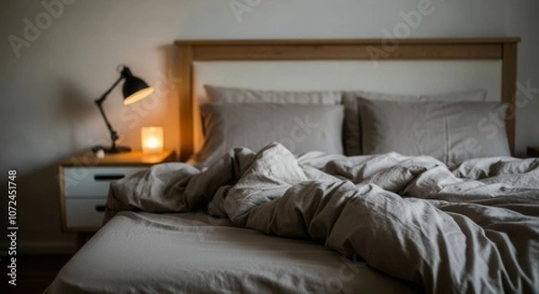 Fototapeta Cozy bedroom with warm lighting messy bed