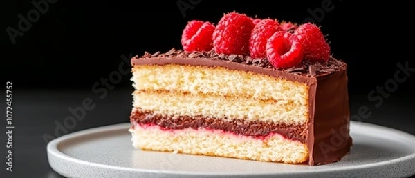 Fototapeta A slice of cake on a plate with raspberries on top
