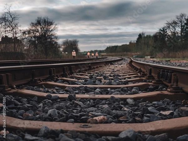 Fototapeta A ground-level shot of railway ties and gravel, while distant figures in reflective gear appear out of focus.