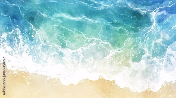 Fototapeta Beautiful Abstract Watercolor Ocean Waves Design with Soft Blue and Green Tones Merging into Sandy Beach for Elegant Background Use