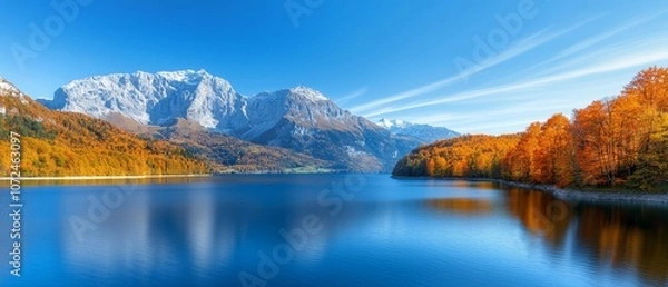 Fototapeta A large body of water surrounded by trees and mountains