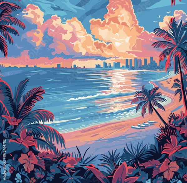 Fototapeta Painting of a beach with palm trees and a city in the background. The sky is cloudy and the water is calm
