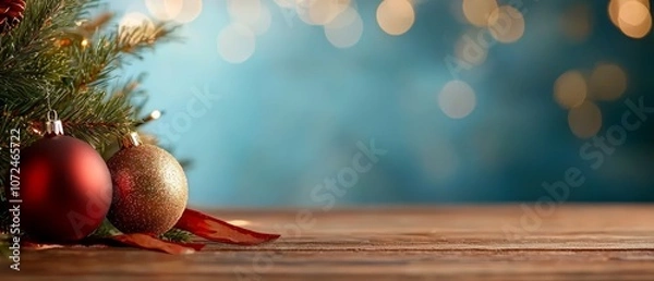 Fototapeta A christmas tree with two red and gold ornaments on a wooden table
