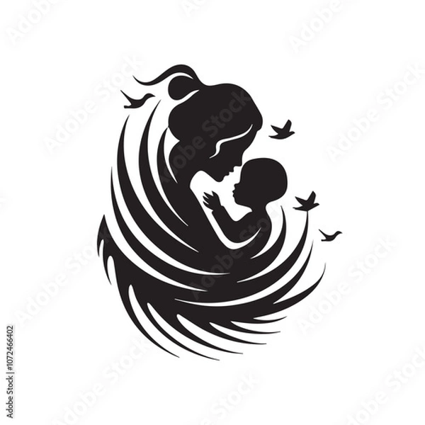 Obraz Mother with baby In cartoon, hand-drawn flat style. image for social media, websites and UI. Isolated 2D vector design in logo, icon, sketch style, simple line vector, single color. AI Generative Art.