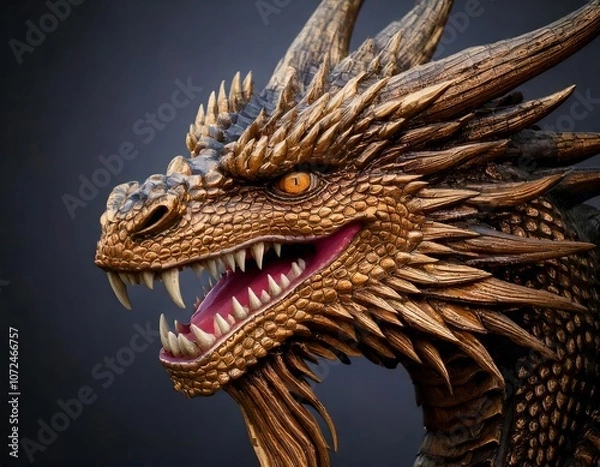 Fototapeta Golden dragon head roaring and showing teeth and claws, fantasy and mythology concept