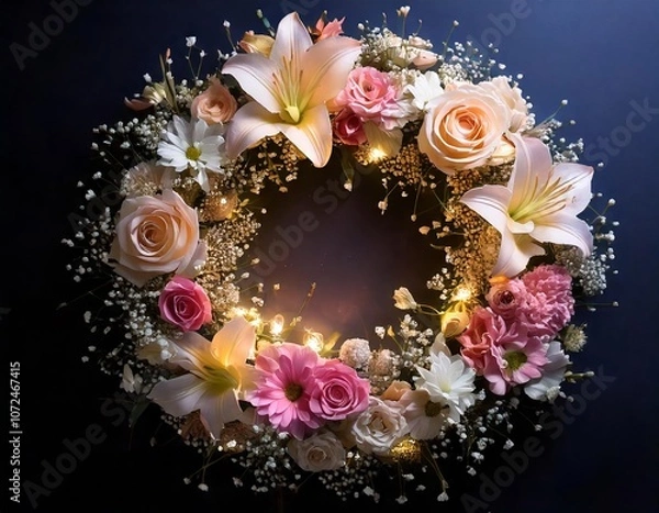 Fototapeta Beautiful flower wreath with gypsophila, roses, lilies and fairy lights glowing on a dark background, creating a festive atmosphere