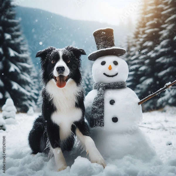 Obraz  Winter Pals
"A dog playfully posing beside a snowman."