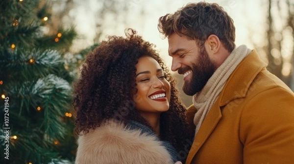 Fototapeta A happy couple enjoys a warm embrace outdoors, smiling and laughing together as they celebrate the festive atmosphere, surrounded by a beautifully decorated tree and winter scenery