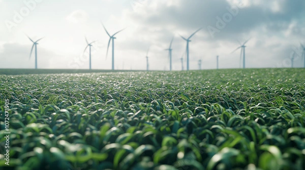 Fototapeta Wind Turbines for sustainability and green energy on a field of grass