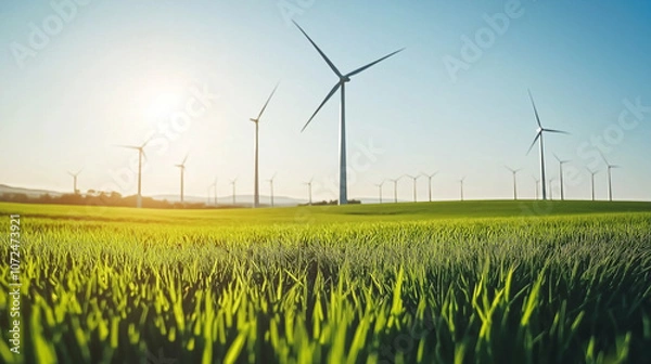 Fototapeta Wind Turbines for sustainability and green energy on a field of grass