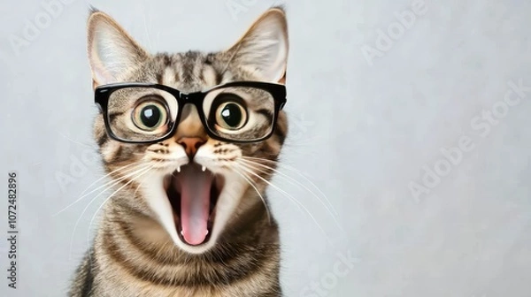 Fototapeta A surprised cat wearing glasses, showcasing a playful and humorous expression.