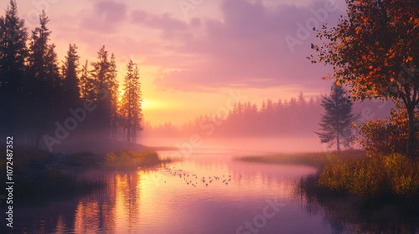 Fototapeta A serene, misty landscape unfolds at sunrise, with the soft light casting a golden hue over the scene.