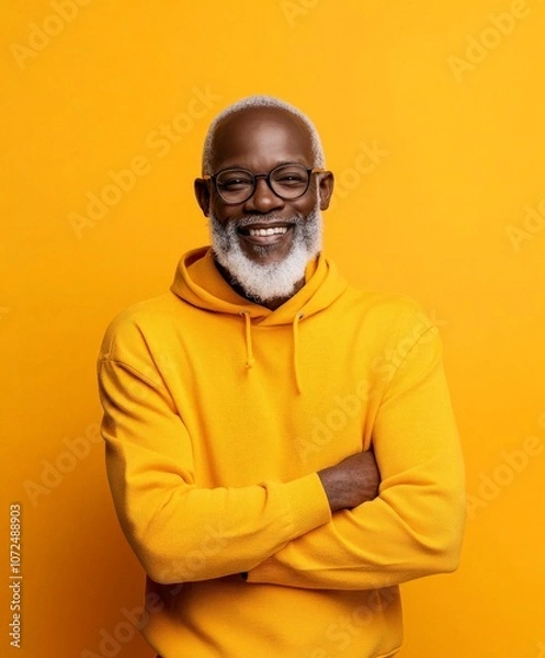 Obraz An elderly man with glasses and a white beard smiles warmly, dressed in a yellow hoodie, standing against a matching yellow wall, radiating positivity and charm.