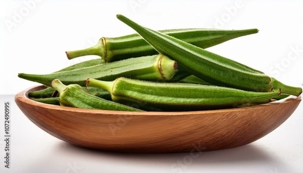 Obraz pile of fresh green okra in a wooden bowl isolated on white background
