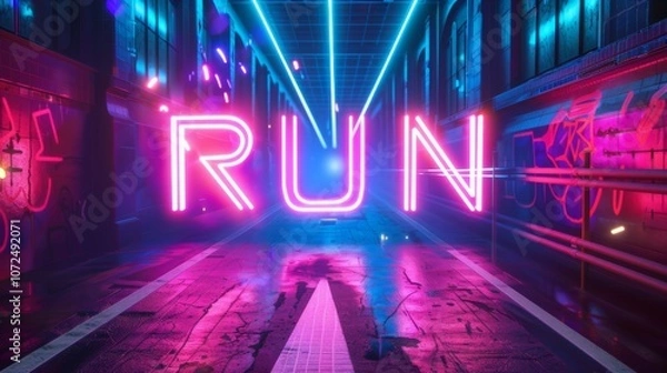 Fototapeta A neon sign with the word run in neon pink letters. The sign is set in a dark, urban environment with graffiti on the walls