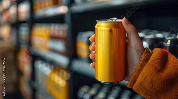 Obraz Close-up of a hand holding a vibrant energy drink can in a well-stocked beverage aisle