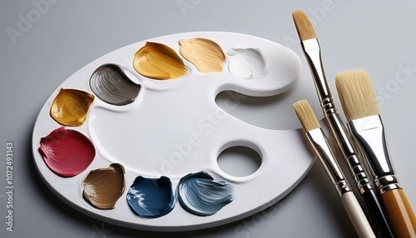 Obraz colourful artists oil paint palette and brushes close up on plain background