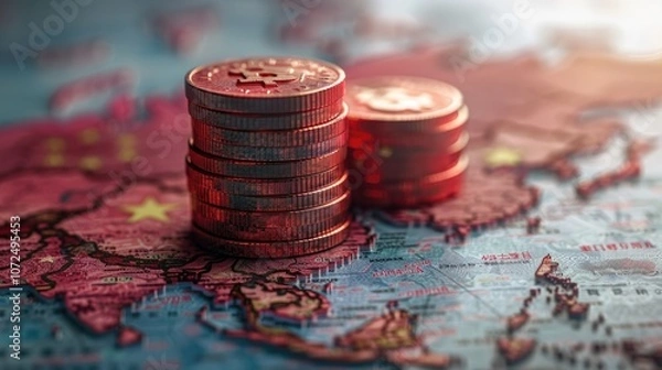 Obraz Stacks of coins over a detailed map highlighting China's economy across Asia