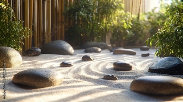 Fototapeta A serene zen garden with smooth white sand, carefully placed stones, and lush bamboo plants.