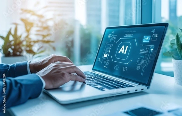 Obraz Business professional using a laptop with artificial intelligence interface. Futuristic digital technology and innovation in a modern workspace. AI concepts enhancing productivity.