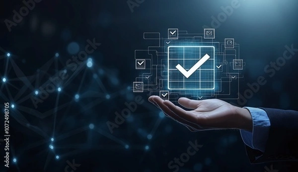 Fototapeta Digital approval concept with glowing checkmark icon floating above an open palm. Modern technology for business confirmation and validation processes.
