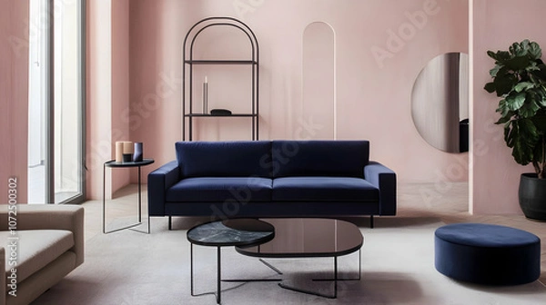 Fototapeta Minimalist Modern Living Room with Soft Lavender Walls, Muted Blue Velvet Sofa, and Geometric Black Metal Coffee Table, Featuring Clean Lines and Ample Natural Light for a Calm, Elegant Design
