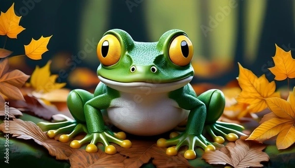 Obraz a cartoon style green frog with yellow eyeballs sitting on top of a leaf covered ground