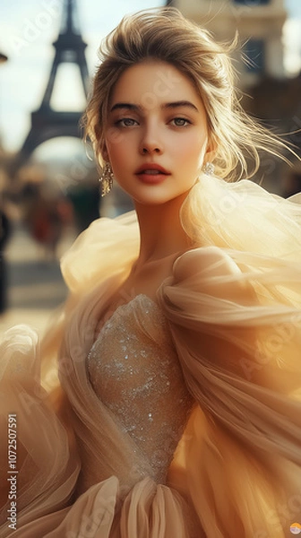 Fototapeta Elegant woman in a soft-flowing gown poses in front of the Eiffel Tower, perfect for fashion promotions, bridal advertisements, and romantic decor.