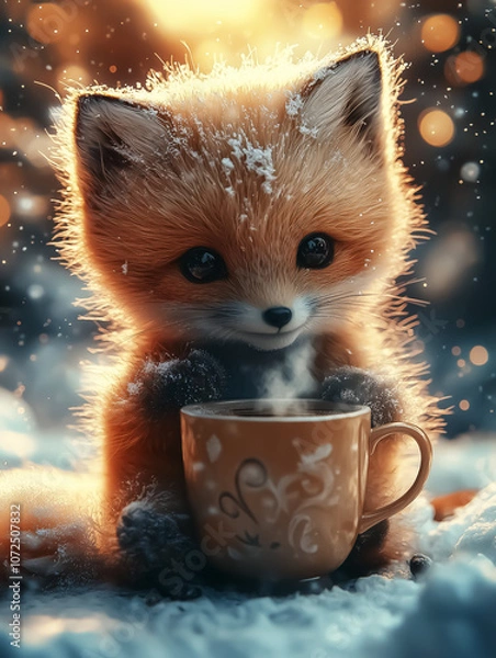 Obraz Charming winter fox holding a steaming cup, perfect for cozy decor, wall art, or festive designs, radiating warmth and whimsy in snowy surroundings.