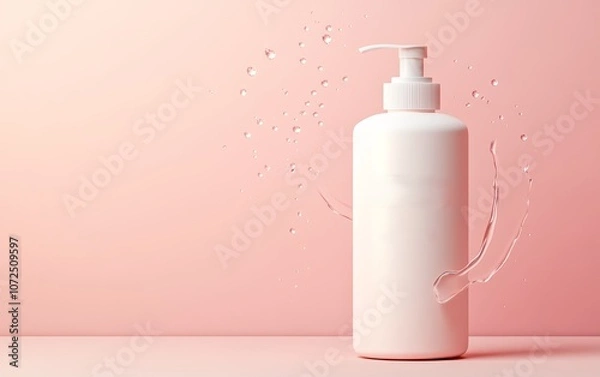 Fototapeta A minimalist white pump bottle, mock-up against a soft pink background, suggesting beauty or skincare product.