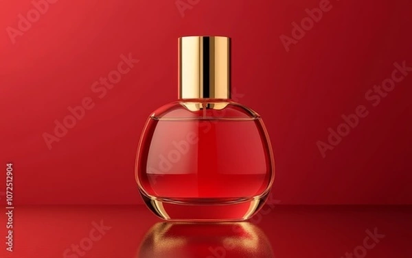 Fototapeta A sleek red perfume bottle, mock-up with a gold cap set against a vibrant red background.