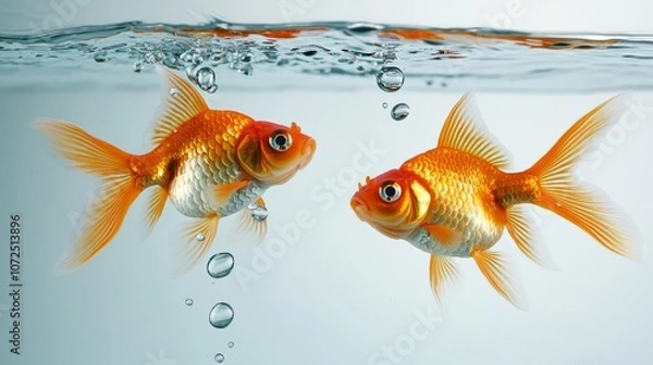 Obraz Two Vibrant and Lively Goldfish Swimming Gracefully and Beautifully Underwater in Their Aquatic Habitat