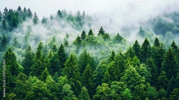 Obraz Misty Forest Landscape with Evergreen Trees and Overcast Sky