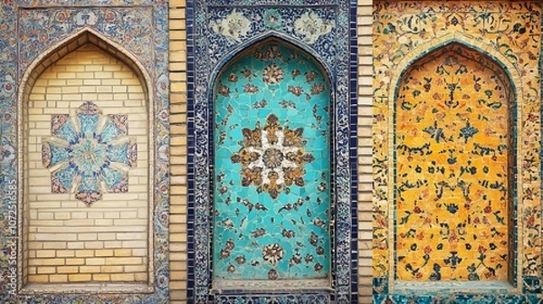 Obraz A collection of vertical or horizontal banners showcasing intricate ancient mosaic walls with floral and geometric designs including traditional Iranian tile decorations